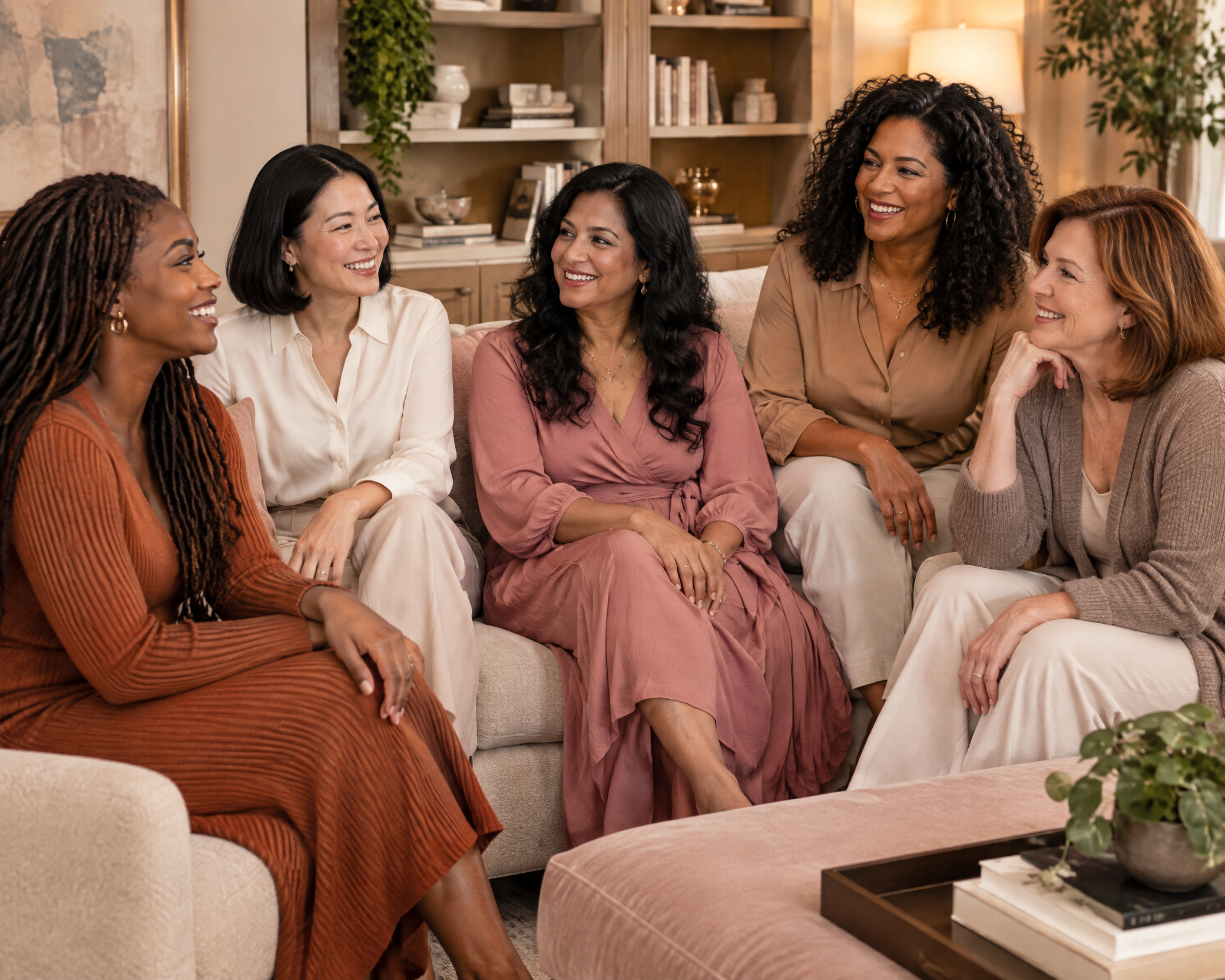 Five women sharing a warm conversation in a welcoming living room.